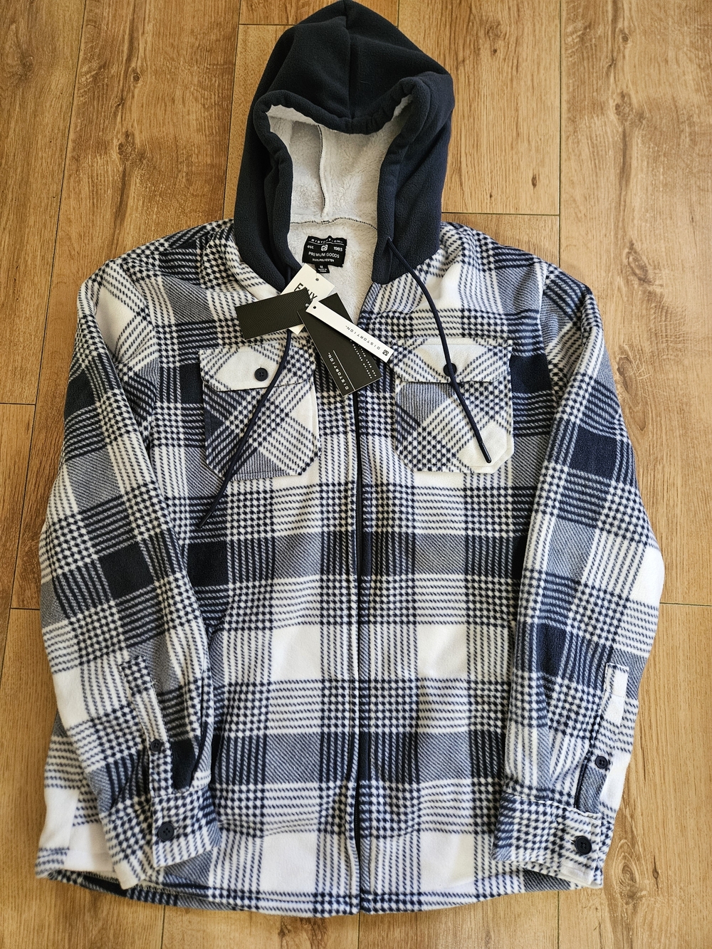 Distortion Men's Medium Navy & White Plaid Hooded Faux Sherpa-Lined Jacket